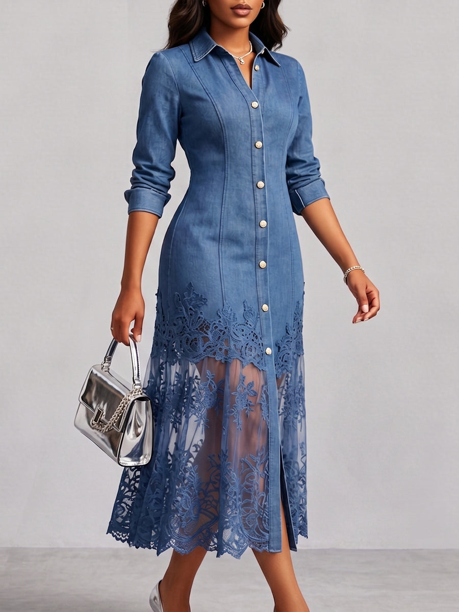 Elegant Sophisticated Denim Dress With A Lace Hem