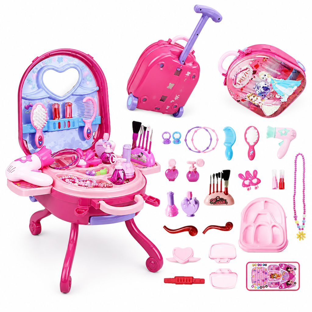 📢📢 50% OFF🎀Kids’ Pretend Makeup Vanity Suitcase – Portable Dress-Up Toy Set for Girls