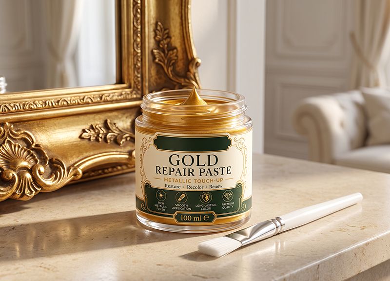Gold repair paste jar beside an ornate gold mirror