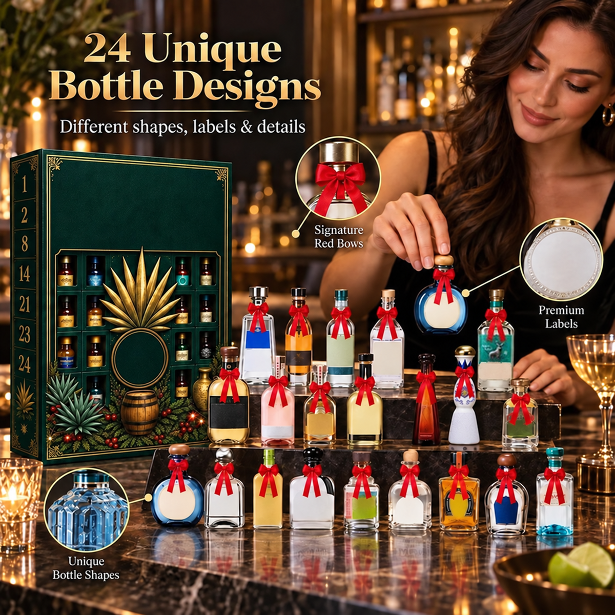🎁✨24-Day Mini Tequila Bottle Advent Blind Box for Holiday Celebration, Bar Table Decor, Collector Gift & Family Countdown