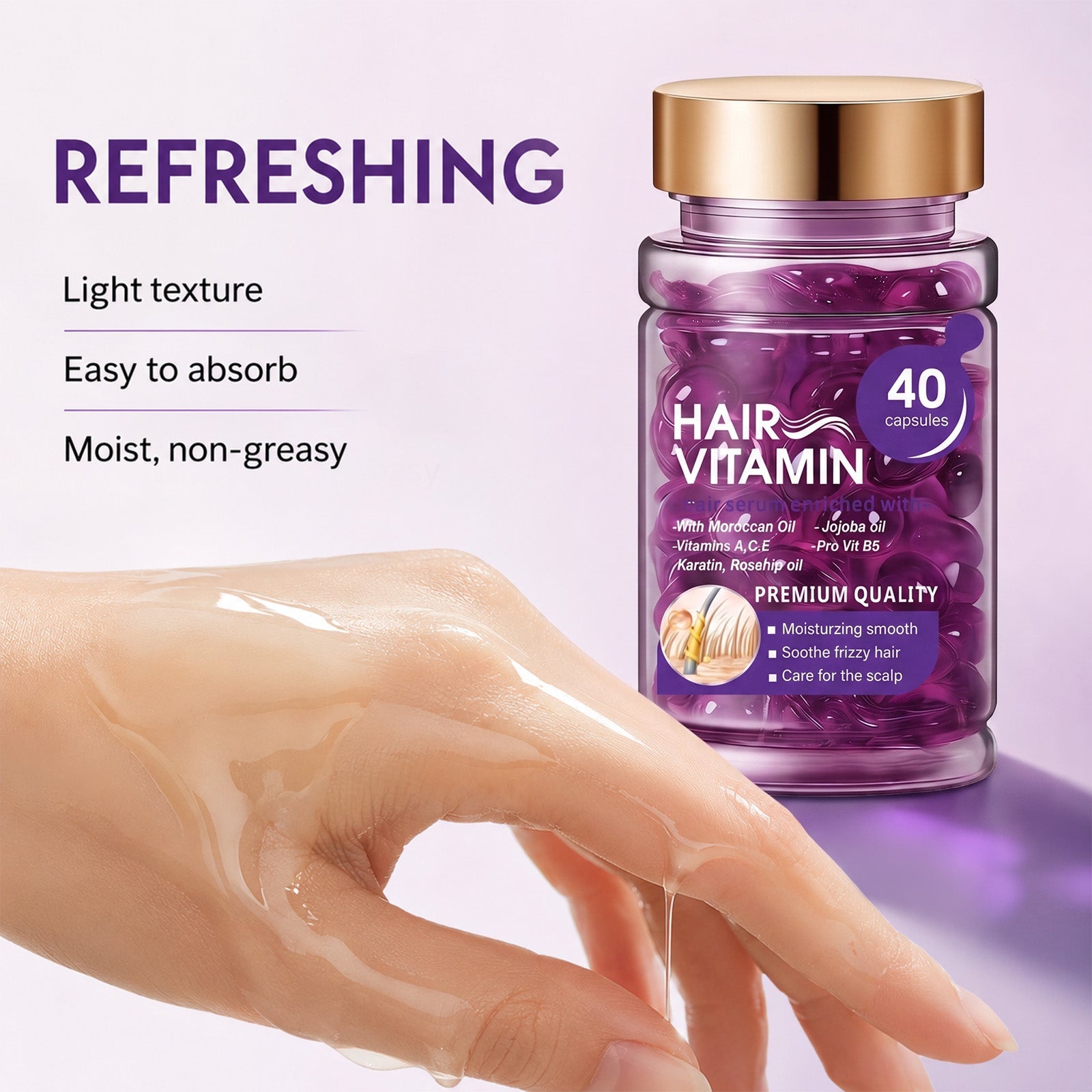 Hair Vitamin Capsules Infused with Violet Vitamins & Argan Oil for Color-Treated & Permed Hair Smooths Frizz Restores Silkiness & Shine 40 Capsules.
