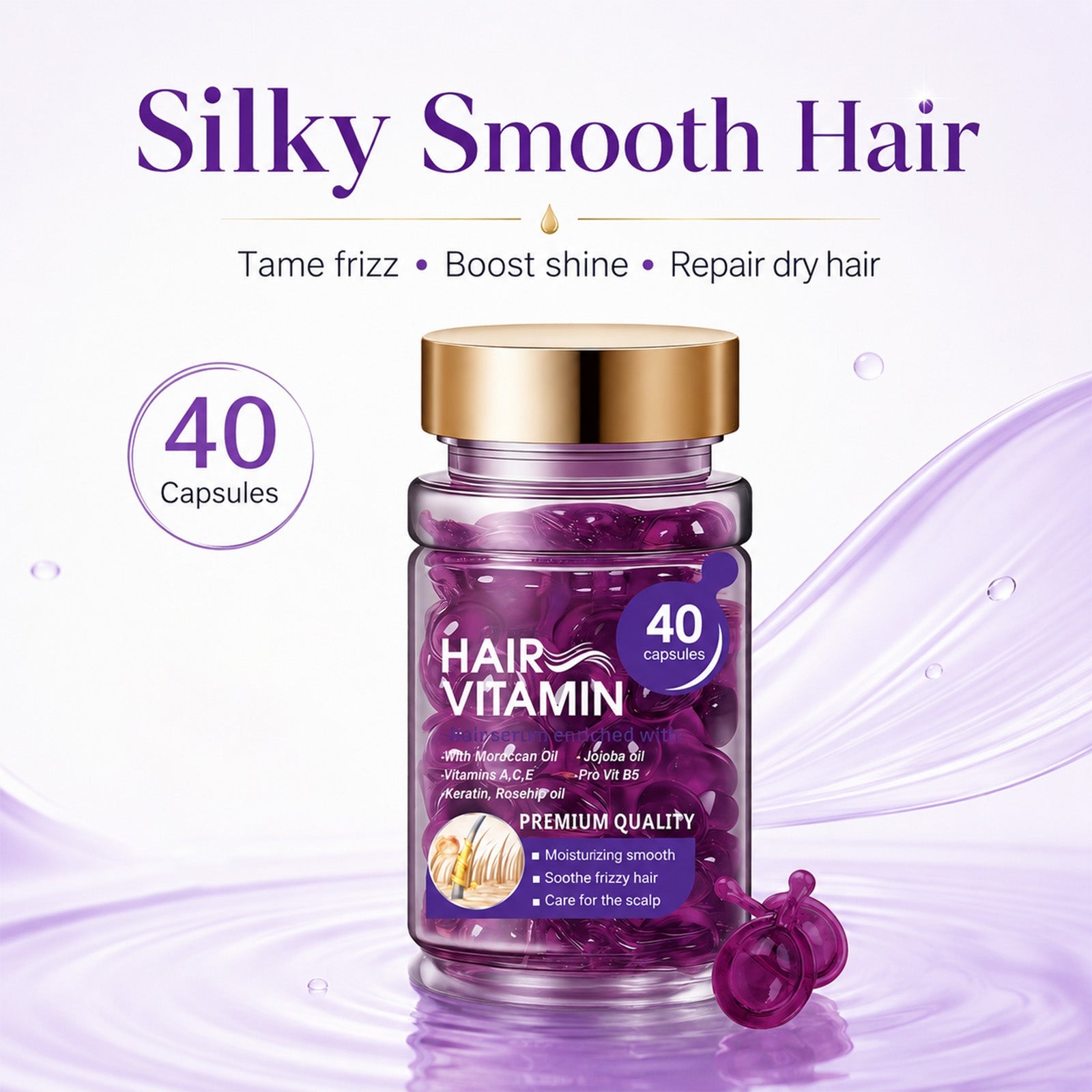 Hair Vitamin Capsules Infused with Violet Vitamins & Argan Oil for Color-Treated & Permed Hair Smooths Frizz Restores Silkiness & Shine 40 Capsules.