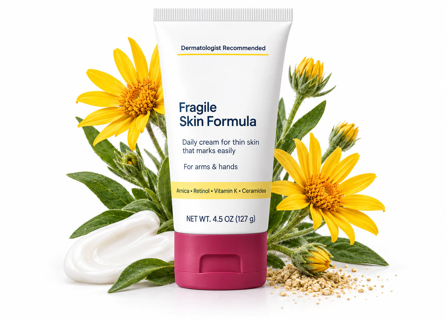  jszbdf  Fragile Skin Formula surrounded by Arnica montana flowers