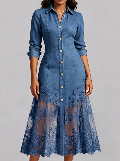 Elegant Sophisticated Denim Dress With A Lace Hem
