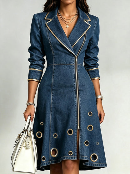 Stylish Slim-fit Denim Zip-front Dress Featuring Gold Piping And Metal Eyelet Details.