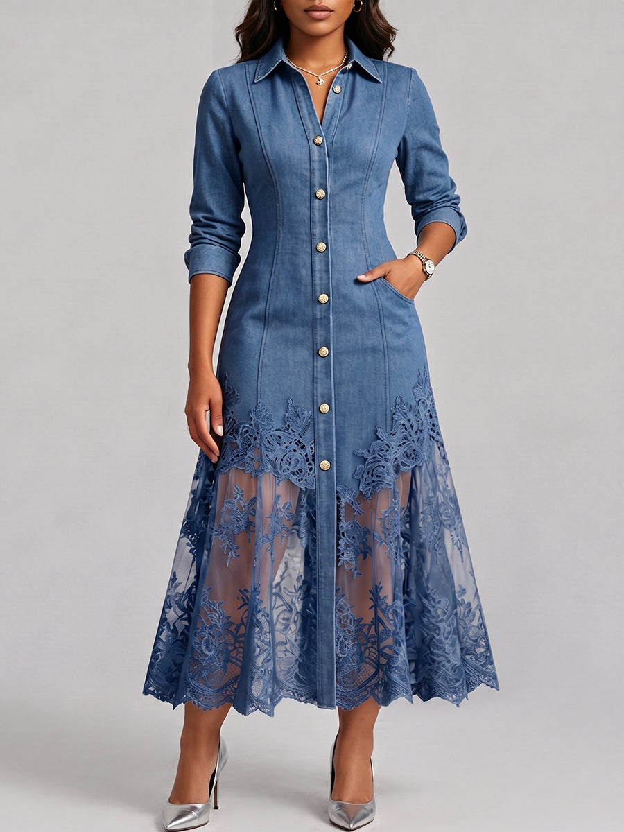 Elegant Sophisticated Denim Dress With A Lace Hem