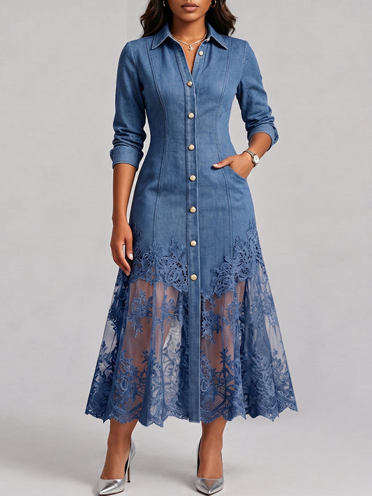 Elegant Sophisticated Denim Dress With A Lace Hem