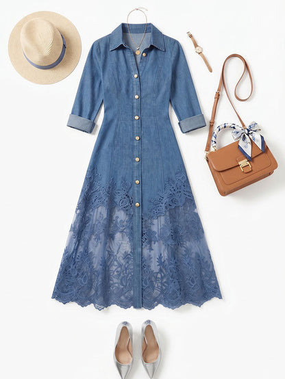 Elegant Sophisticated Denim Dress With A Lace Hem