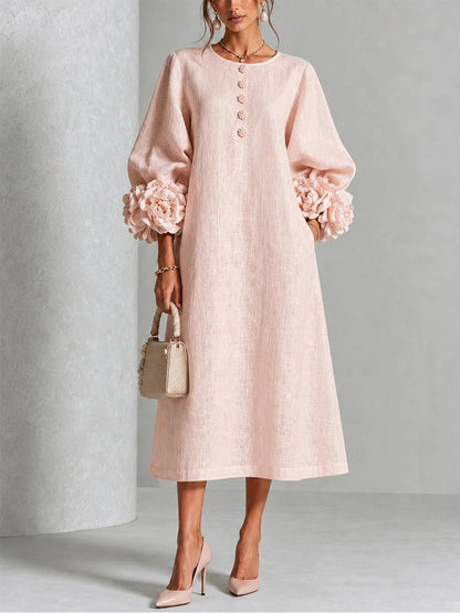 Elegant Blush Pink 3D Rosette Midi Dress
