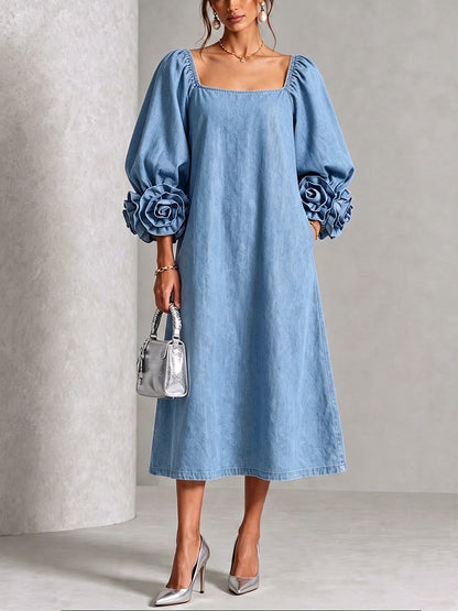 Chic Chambray Denim 3D Rosette Square-Neck Dress
