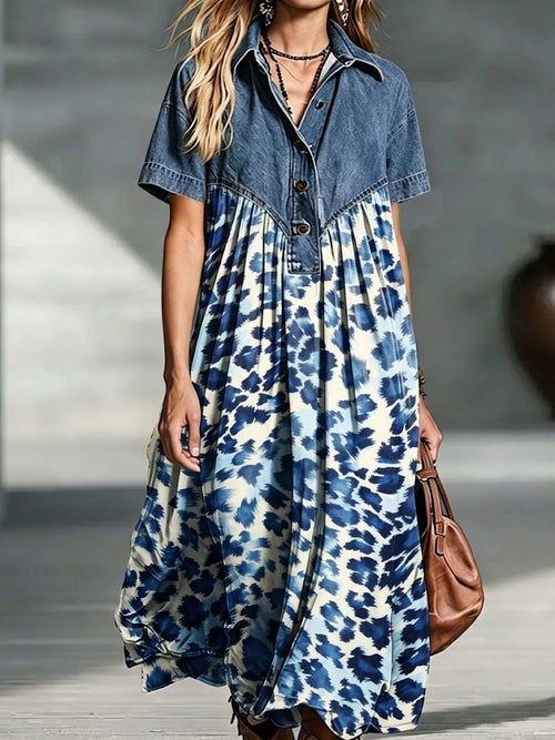 Denim Collar Blue Tie-dye Leopard Print Spliced Loose Short Sleeve Midi Dress