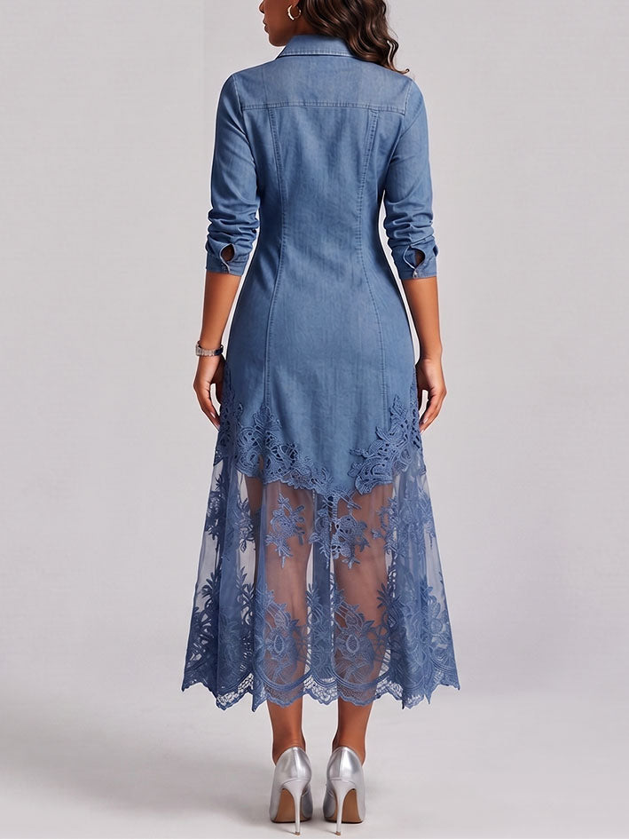 Elegant Sophisticated Denim Dress With A Lace Hem