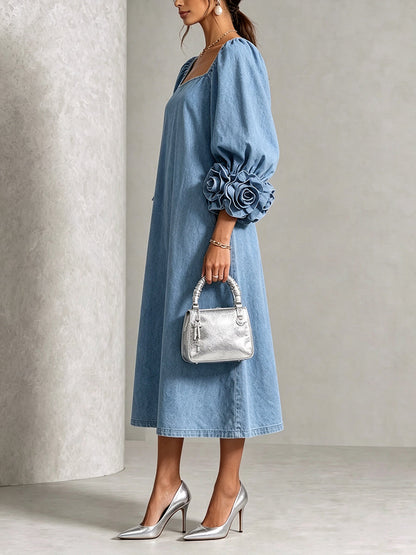 Chic Chambray Denim 3D Rosette Square-Neck Dress