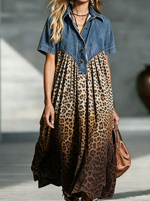 Women’s Denim Spliced Gradient Leopard Print Shirt Midi Dress