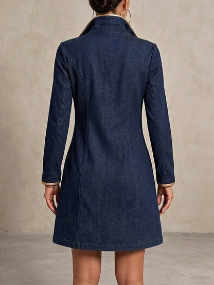 Women's Long-sleeved Casual Loose Denim Dress With Gold Trim And Metallic Eyelets
