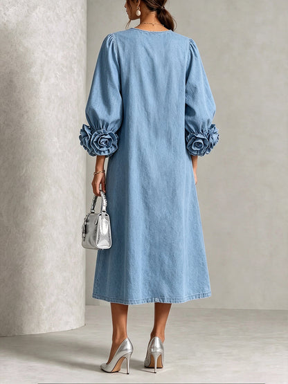 Chic Chambray Denim 3D Rosette Sleeve Midi Dress