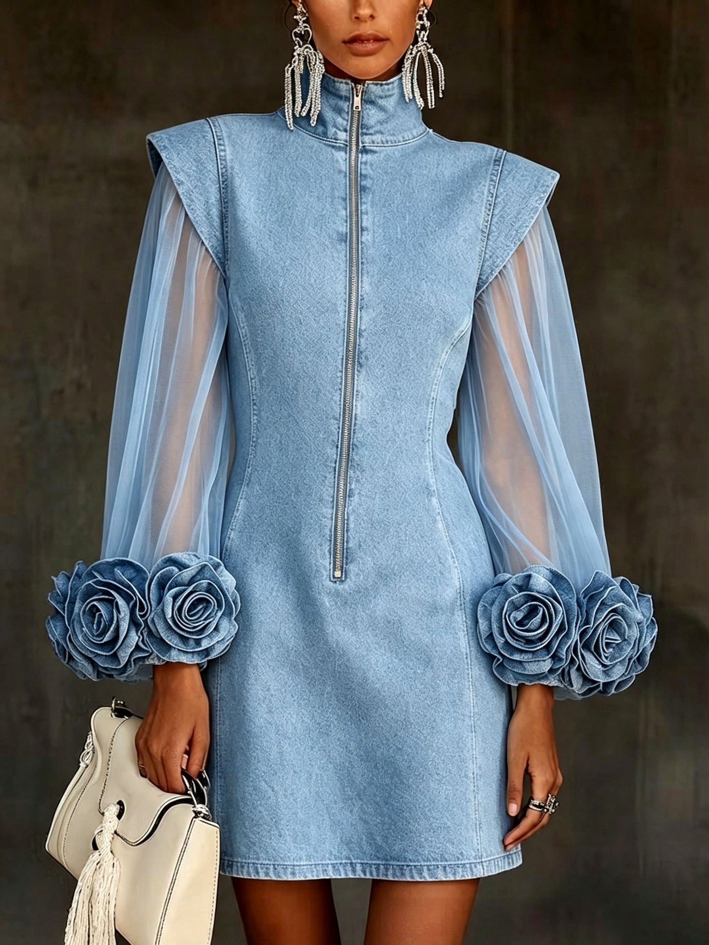 Romantic 3d Floral Denim Mesh Sleeve Zip-up Dress