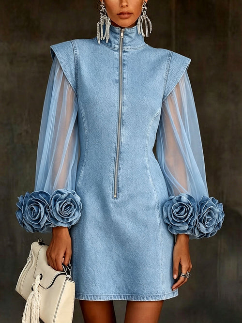 Romantic 3d Floral Denim Mesh Sleeve Zip-up Dress
