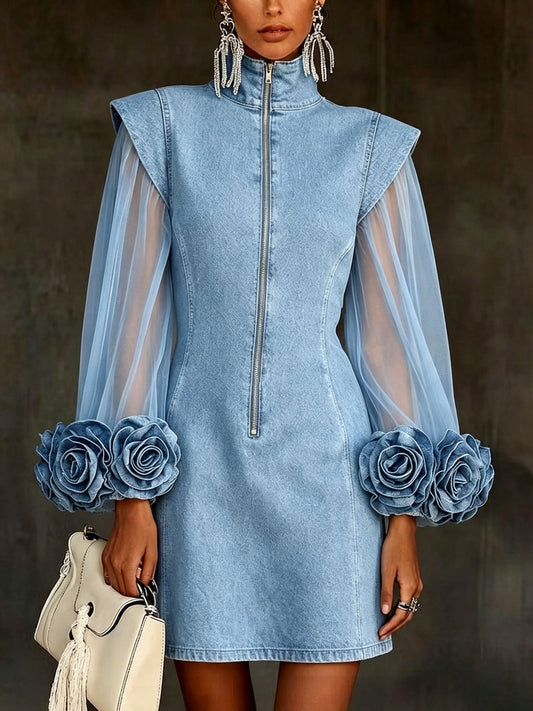 Romantic 3d Floral Denim Mesh Sleeve Zip-up Dress