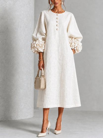 Elegant Blush Pink 3D Rosette Midi Dress
