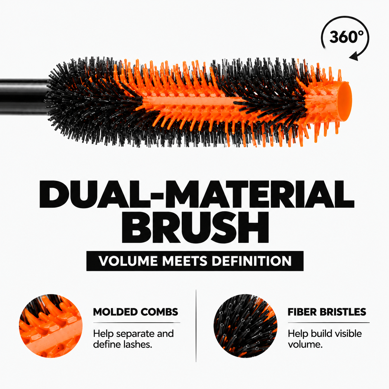 Dual-material mascara brush with fiber bristles and molded combs